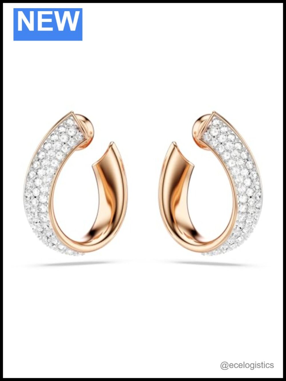 Swarovski Crystal Pave Ribbon Hoop Earrings Rose Gold Tone Pierced